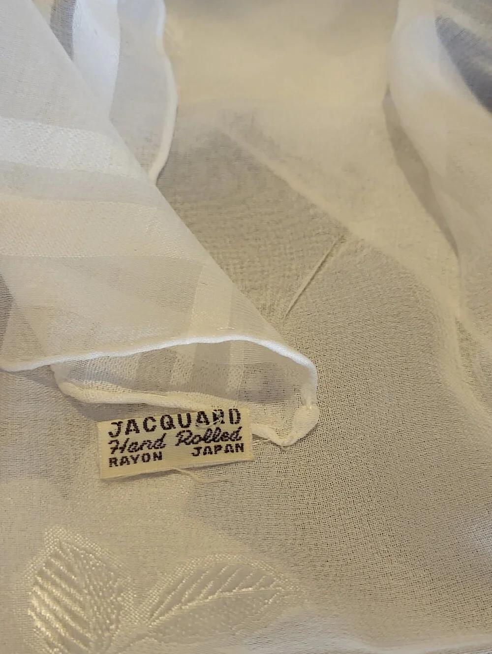Jacquard 60s Rayon White Sheer Floral Scarf Hand Rolled Hems Japan